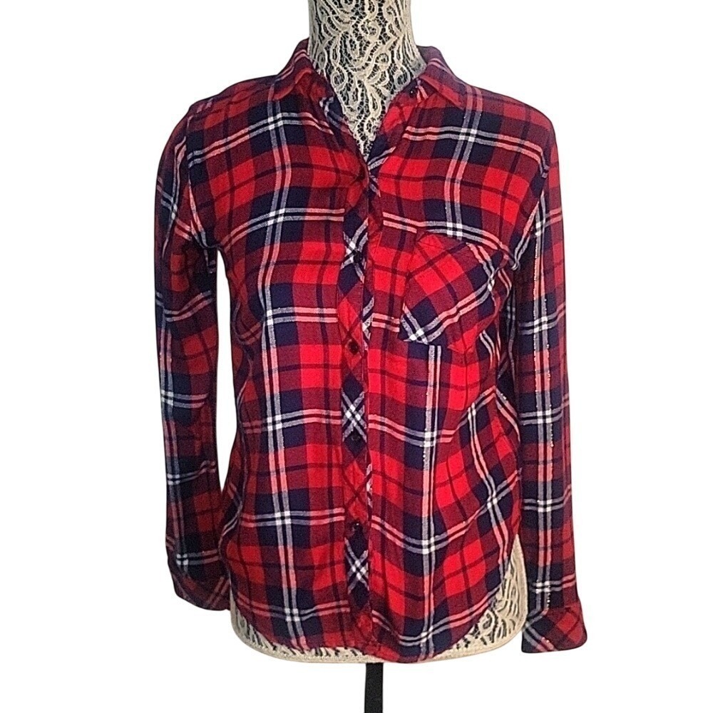 Rails Red Navy Plaid Metallic‎ Thread Button Up Shirt XS Extra Small